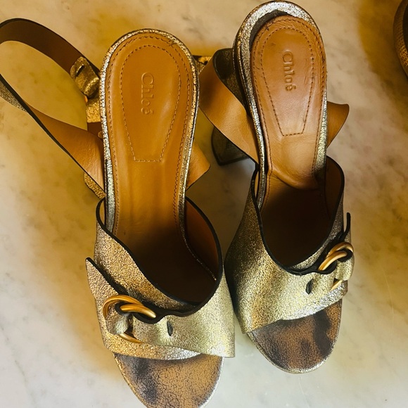 Chloè Gold Metallic 70s Leather Glam Platform Ankle Strap Sexy Disco Heels 37/7 - Picture 7 of 9